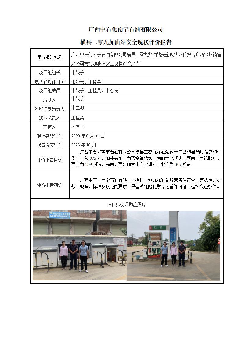 廣西中石化南寧石油有限公司橫縣二零九加油站安全現(xiàn)狀評(píng)價(jià)報(bào)告